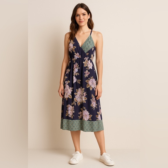Elegant Floral Midi Dress - Purple and Green - Picture 1 of 4